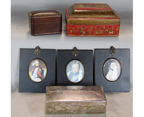 A silver cigarette box, a leather covered playing card box for two packs, three reproduction miniature portraits and a Russia