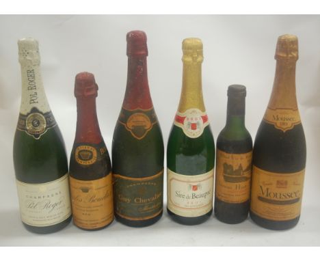 Pol Roger Champagne, one bottle; Guy Chevalier Champagne, one bottle; Moussec sparkling British wine, one bottle; Sire de Bea