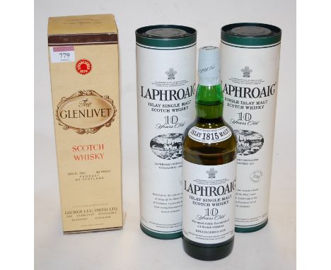 Laphroaig Islay single malt 10 year old scotch whisky, 70cl, 40%, in carton, two bottles; and The Glenlivet scotch whisky, 26