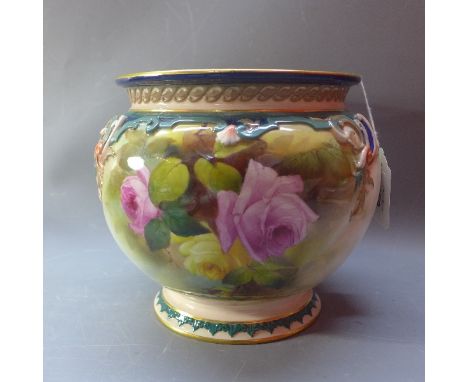A Royal Worcester vase with floral relieve and floral decoration having gilt highlights, H:17cm diameter:19cm