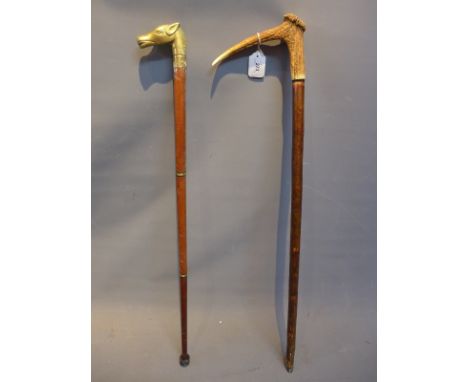 A vintage walking stick with antler handle together with a walking stick with brass horse head handle. 