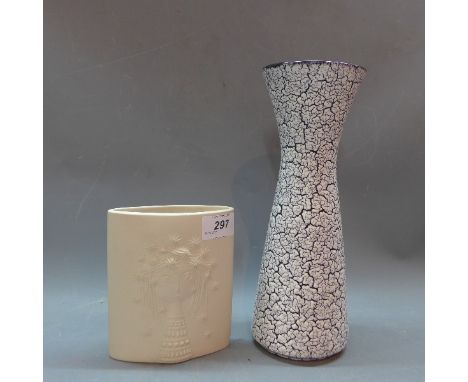 A pair of modernist ceramic vases, a waisted neck crackle glaze German vase and a Hornsea pottery Stout vase with raised draw
