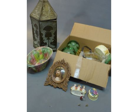 A collection of miscellaneous items to include a storm lantern, two dump paperweights, Clarice Cliff pot, miniature, silver h