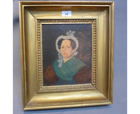 A 19th Century oil on canvas depicting a head and shoulder portrait of Maria Sophia Levgren in gilt wood frame, 26cm x 20cm