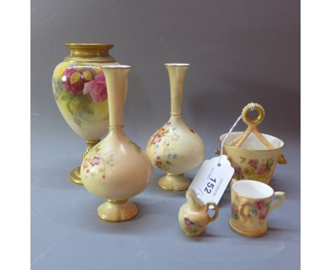 Six pieces of Royal Worcester to include a small hand painted vase signed J. Hunt, a pair of vases, basket, a miniature three