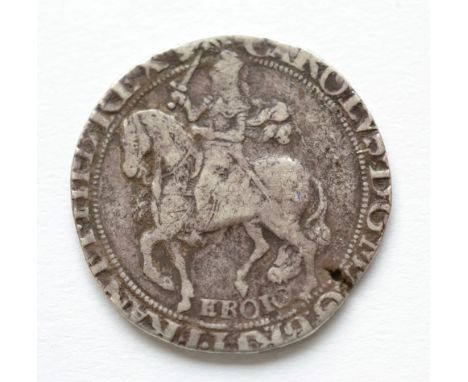 Charles I Halfcrown York Mint MM lion, obv. king on horseback with raised sword, EBOR below, horse's tail shows between legs,