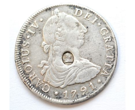 Countermarked Spanish American Dollar: Peru Silver 8 Reales 1791, portrait type with bust of George III in oval countermark; 