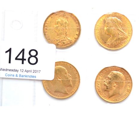 4 x Sovereigns comprising: 1889M, 1901M, 1906 & 1912, light contact marks, AVF or+