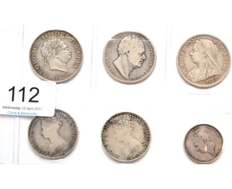 6 x 19th century English Silver Coins comprising: 3 x halfcrowns: 1820 (George III small laureate head) light hairlines & fai