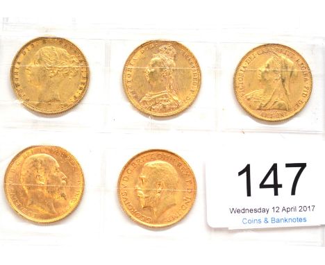 5 x Sovereigns comprising: 1874M, 1889M, 1899, 1907S & 1912, light contact marks AVF or+