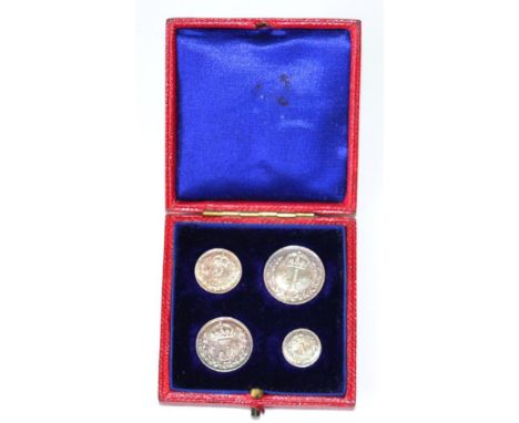 Edward VII, Maundy Set 1902, 4d, 3d, 2d & 1d, light blue/gold tone with underlying lustre, in original CofI with gilt Royal A