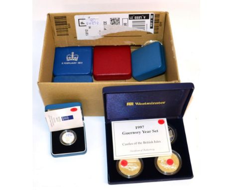 A Collection of Miscellaneous Silver Proofs comprising: UK 2 x crowns 1977, with certs, in CofI, £2 1997 with cert, in CofI, 