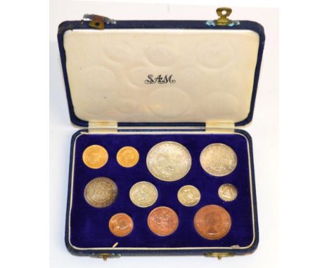 South Africa Coronation Proof Set 1953, an 11-coin set comprising: gold pound 7.99g, gold half pound 3.99g, both 22ct, silver