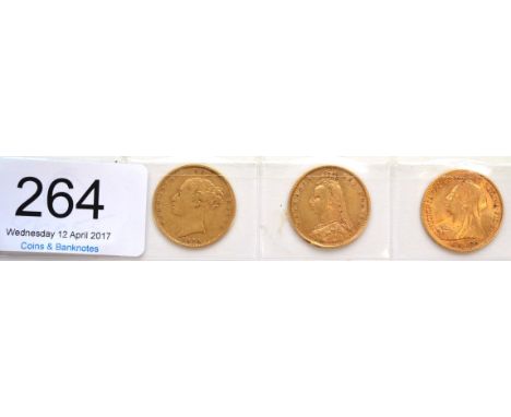 Victoria, 3 x Half Sovereigns: 1874 die 12, a few light hairlines o/wise Fine/GFine, 1892 rim knock at 7 o'clock & correspond
