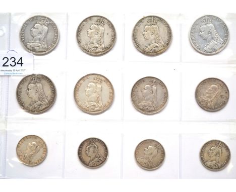 Victoria, 12 x Jubilee Head Silver Coins comprising: 6 x crowns: 1889(x4) one cleaned, 1891 & 1892 VF, double florin 1890 AVF