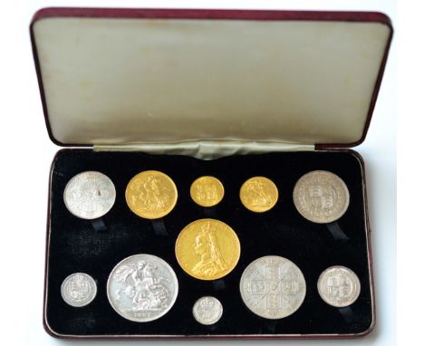 Victoria, Gold & Silver Specimen Set 1887 comprising: gold £5, £2, sovereign & half sovereign & silver crown, double florin, 