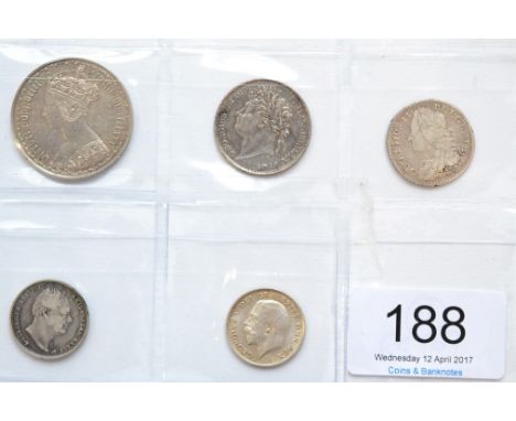 5 x Miscellaneous English Silver Coins comprising: 'Gothic' florin 1880 34 arcs, minor edge imperfections & trivial contact m