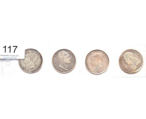 4 x Halfcrowns comprising: George IV 1823 laureate head, rev. crowned shield in garter, contact marks, obv hairlines GFine/Fi