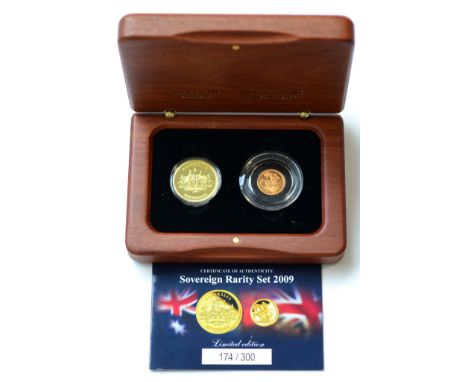 'Sovereign Rarity Set 2009,' a 2-coin gold set comprising: Australia gold proof sovereign (25 dollars), issued by Perth Mint,