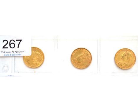 Victoria, 3 x Sovereigns: 1876M contact marks & light hairlines AVF, 1892 contact marks, minor rim imperfections Fine & 1901 