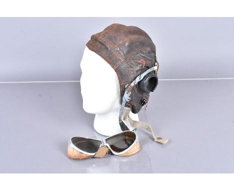 A WWII period Type-C flying helmet, with Flying Support Press 7 in ink to the liner, with lume, plus a pair of tinted goggles
