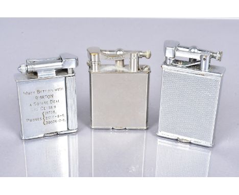 Three petrol pocket lighters, comprising a Dunhill 'New' lighter, silver plated with flint wheel guard, a Parker Roller Beaco