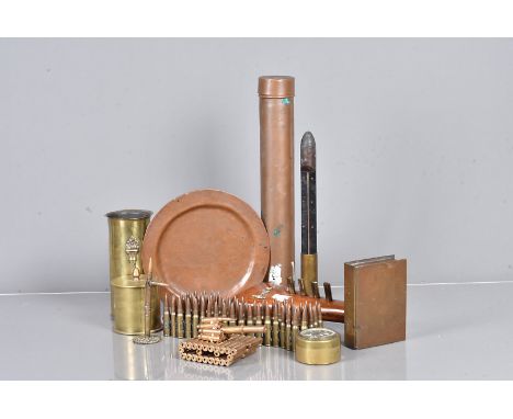 A selection of Trench Art and related items, to include a small shell with additional wooden thermometer, a caddy, a small co