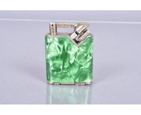 A Maurice pocket lighter, with angled flint wheel and snuffer arm, replacement green mottled body wrap flint has slight plate