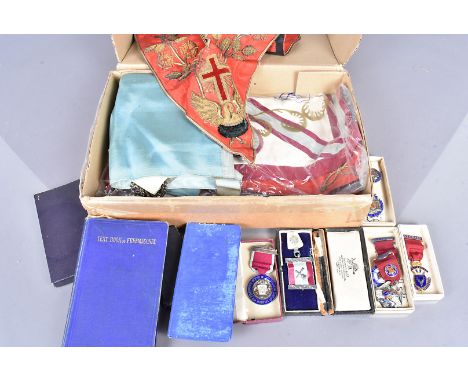 An assortment of silver and enamel Masonic jewels, including Institution for Boys 1920, together with a bullion embroided nec