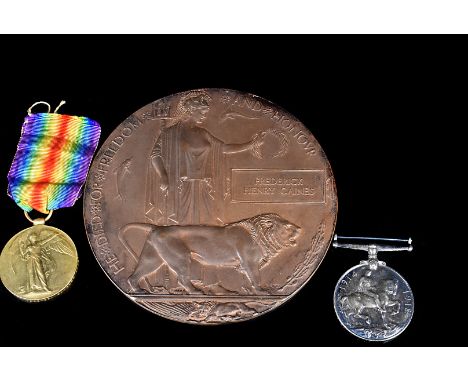 A WWI South Wales Borderers Memorial Plaque and medal duo, awarded to Private Frederick Henry Caines (44712), comprising Vict