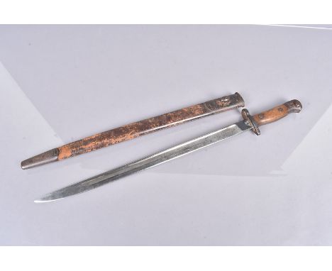 A Sanderson Unit Marked 1907 Pattern bayonet and scabbard, dated '13 and '14, marked RF 1557 to the pommel, complete with lea