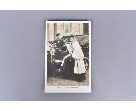 Postcards, RP Miss Kitty Gordon with foor on running board of large motor car, p.u. 1906 (1), army group (1), embroidered sil