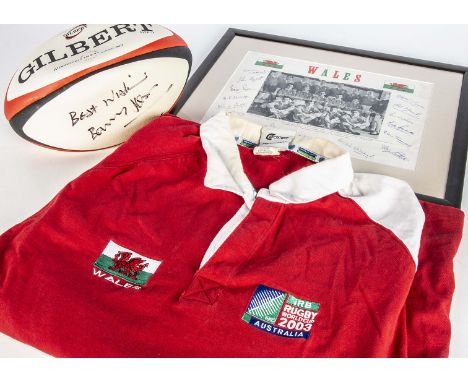 Wales Rugby / Barry John, a World Cup 2003 Wales shirt (XL) together with a rugby ball signed by Barry John with paperwork an
