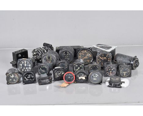 A large collection of Military and Aviation cockpit dials, various manufacturers, some with Broad Arrow and Air Ministry mark