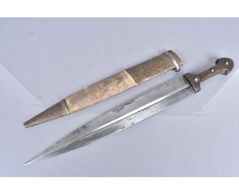 A Middle Eastern Kindjal short sword, with single-fullered 42cm long double edged blade,wooden handle and decorative scabbard