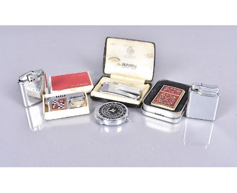 A group of six petrol pocket lighters, to include a 2008 Gold Red Imperial Filigree Zippo lighter in box (unused), a Ronson W