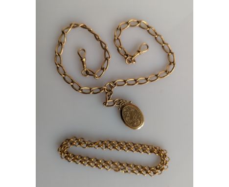A yellow gold watch chain with double lobster clasps and pendant locket, 37 cm, a gold belcher neck chain, 38 cm, and a gold-