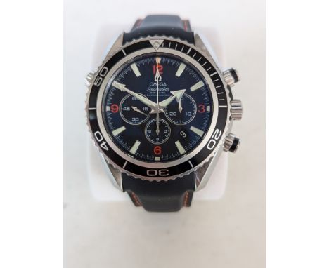 An Omega steel 45.5mm Planet Ocean Chronograph 600m automatic watch, the circular black dial signed Omega Seamaster Co-Axial 