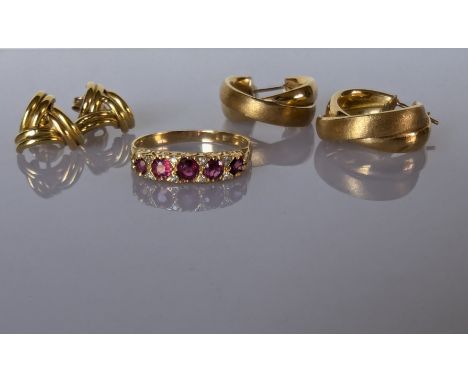 A ruby and gold ring, the five graduated stones on a carved setting, hallmarked 18ct, size Q; two pairs of yellow gold earrin