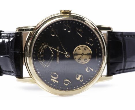 GENTLEMAN'S MONT BLANC MEISTERSTUCK EIGHTEEN CARAT GOLD MANUAL WIND WRIST WATCHthe round black dial with applied gold coloure