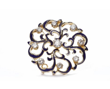 DIAMOND AND ENAMEL BROOCHof openwork form, set with round brilliant cut diamonds totalling approximately 2.50 carats, 43mm ac