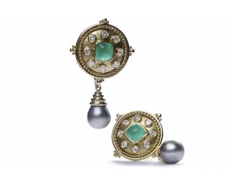 PAIR OF EIGHTEEN CARAT GOLD DIAMOND, PEARL AND GEM SET DROP EARRINGSeach formed by a round disc section 22mm diameter set wit