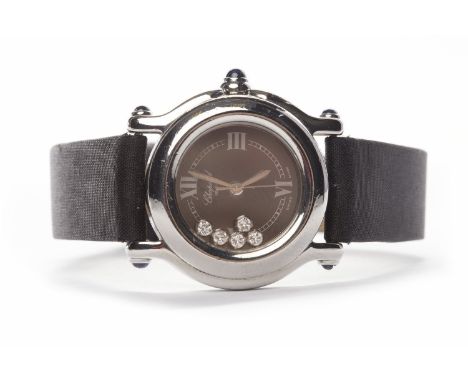 LADY'S CHOPARD HAPPY DIAMONDS SPORT STAINLESS STEEL QUARTZ WRIST WATCHthe round black dial with Roman numerals at 12, 3, 6 an