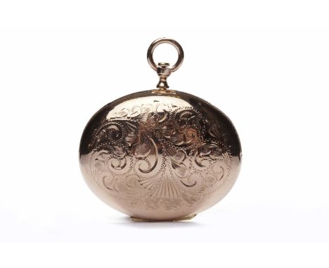 NINE CARAT GOLD LOCKETof oval form, engraved with scrolling decoration, with pocket watch style opening button, 35mm long, 15