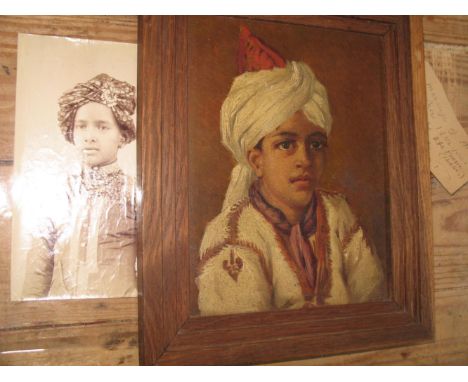INDIA / MAHARAJAH.  Oil on canvas painting portrait of the Maharajah of Alwar [1882-1937] when 121/2 years old.  By Etta Fras