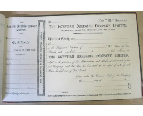 EGYPT / SHARE CERTIFICATES.  Album of share certificates for the Egyptian Dredging Company, 1880s?, red half calf.