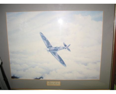 [SPITFIRE] col. print by Colin Walker of a Spitfire, with signature of DOUGLAS BADER, mounted &amp; framed.