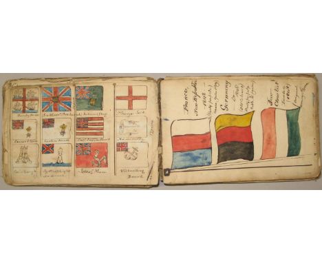 [MANUSCRIPT] small, early 19th c., ms., pocket book, obl., diverse contents incl., heraldry, flags &amp; penmanship.
