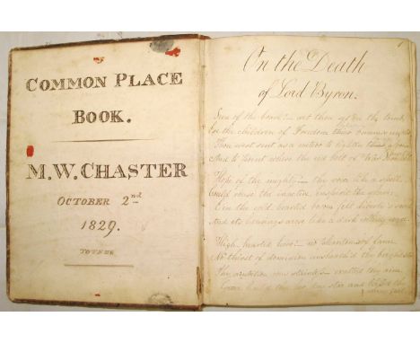 MANUSCRIPT "Common Place Book. M. W. Chaster...1829. Totnes", sm. 4to, 190 pp. of ms. poetry copies, "finished...1835", quart