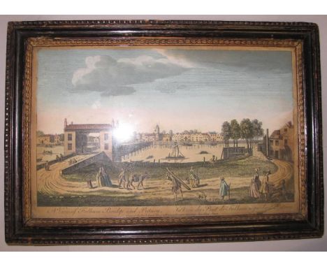 PRINT / LONDON.  Framed engraving 'A View of Fulham Bridge and Putney', London, circa 1779.